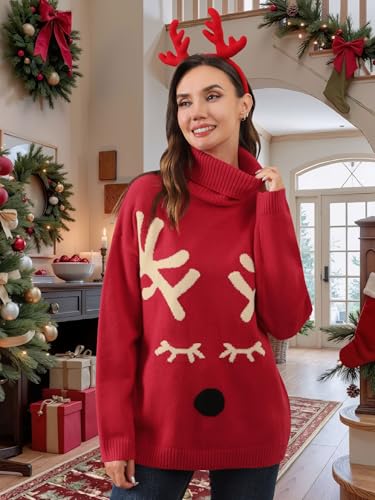 Ounar Christmas Sweaters For Women Ugly Christmas Turtleneck Sweater | Xmas Knit Long Sleeve,Reindeer Graphic Tops,Winter Holiday Pullover,2026 Fall Outfits,Novelty Sweatshirt,Chunky Warm Clothes 3 Ounar Christmas Sweaters For Women Ugly Christmas Turtleneck Sweater