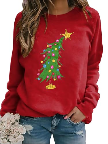 Christmas Sweatshirts For Women Cute Christmas Tree Graphic Long Sleeve Shirt Xmas Holiday Party Pullover Blouse