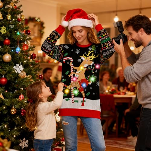 Fanient Women Led Light Up Ugly Christmas Sweater Reindeer Xmas Sweater - Image 6