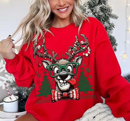 Ugly Christmas Sweater Women Oversized Funny Reindeer Graphic Sweatshirt - Image 2