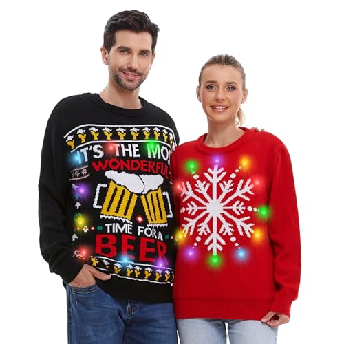 Hsctek Light Up Adults Christmas Knitted Sweater, Ugly Xmas Pullovers Men