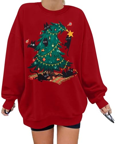 Maximgr Christmas Sweatshirts For Women Christmas Cat Sweater Xmas Long Sleeve Shirts Holiday Crewneck Pullover Tops
