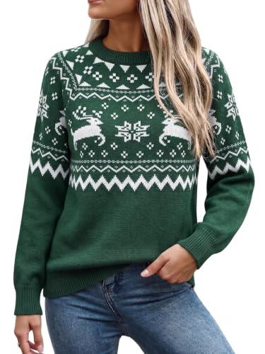 Ecowish Bow Fair Isle Christmas Sweaters For Women Knitted Crew Neck Jumper