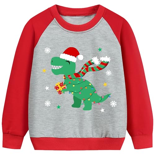 Kids Christmas Sweatshirt Boys Reindeer Toddler Xmas Pullover Tops | Size 2-10 T, Ugly Christmas Shirts, Baseball Snowman Printed, Raglan Sleeve, 100% Cotton, Dinosaur Monster Truck Active Shirt