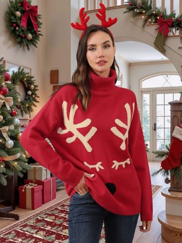 Ounar Christmas Sweaters For Women Ugly Christmas Turtleneck Sweater | Xmas Knit Long Sleeve,Reindeer Graphic Tops,Winter Holiday Pullover,2026 Fall Outfits,Novelty Sweatshirt,Chunky Warm Clothes 4 Ounar Christmas Sweaters For Women Ugly Christmas Turtleneck Sweater