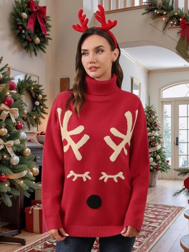 Ounar Christmas Sweaters For Women Ugly Christmas Turtleneck Sweater | Xmas Knit Long Sleeve,Reindeer Graphic Tops,Winter Holiday Pullover,2026 Fall Outfits,Novelty Sweatshirt,Chunky Warm Clothes 2 Ounar Christmas Sweaters For Women Ugly Christmas Turtleneck Sweater