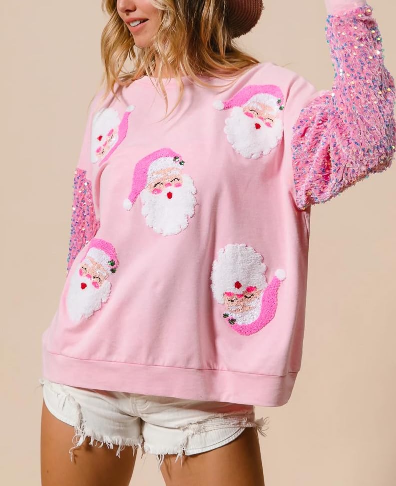 Faretumiya Women Sparkle Sequin Christmas Sweatshirt Santa Graphic Crewneck Sweater Long Sleeve Xmas Pullover Tops 2 Faretumiya Women Sparkle Sequin Christmas Sweatshirt Santa Graphic Crewneck Sweater Long Sleeve Xmas Pullover Tops