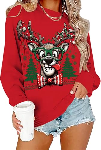 Ugly Christmas Sweater Women Oversized Funny Reindeer Graphic Sweatshirt