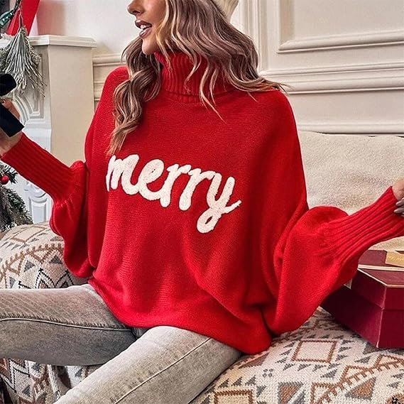 Christmas Sweaters For Women Oversized Turtleneck Batwing Sleeve Pullover