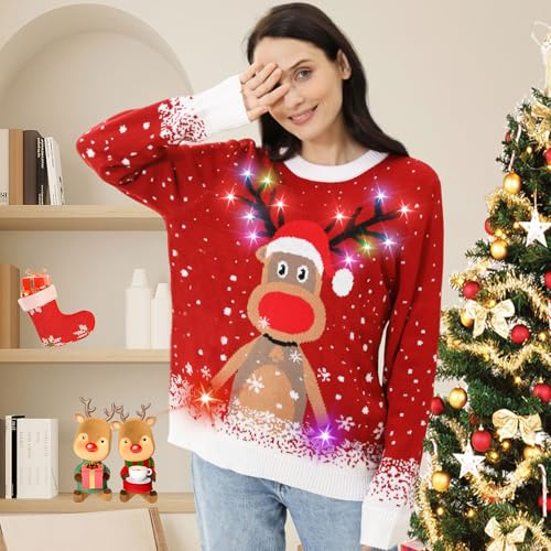 Fwv Ugly Christmas Sweater Women Men 2025,Light Up Christmas Sweater For Couples,Funny Reindeer Xmas Tacky Pullover Cute 3 Fwv Ugly Christmas Sweater Women Men 2025,Light Up Christmas Sweater For Couples,Funny Reindeer Xmas Tacky Pullover Cute - Image 3