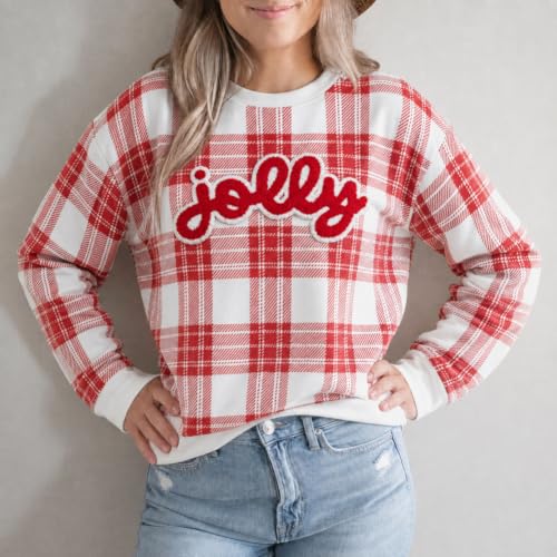 Christmas Sweatshirt For Women Jolly Merry Patch Striped Sweatshirts - Image 3