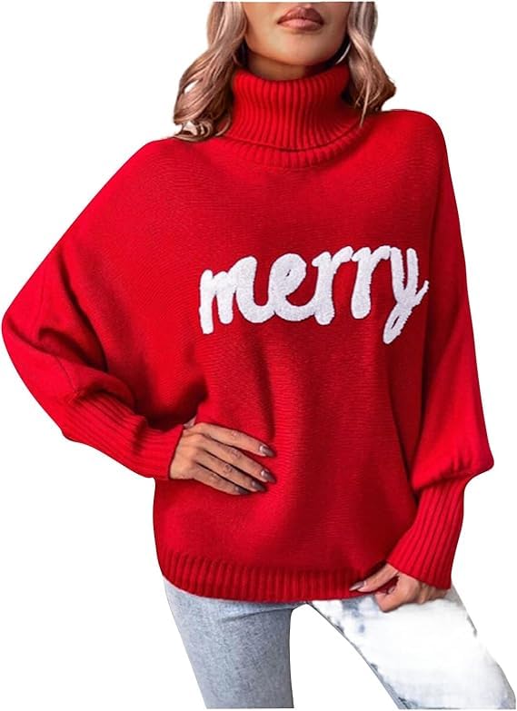 Christmas Sweaters For Women Oversized Turtleneck Batwing Sleeve Pullover