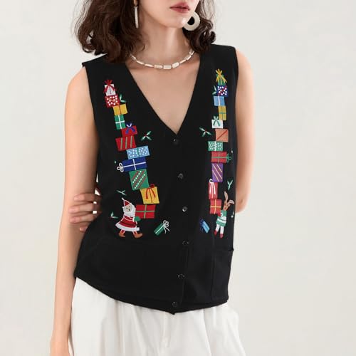 Kmbangi Women Christmas Button Sweater Vest Embroidery Sleeveless Cardigan | Santa Print, Knit V Neck Top, Xmas Clothes, Ugly Christmas Sweaters, Gingerbread Man, Holiday Cardigans, Waistcoat, Knitwear 2 Kmbangi Women Christmas Button Sweater Vest Embroidery Sleeveless Cardigan | Santa Print, Knit V Neck Top, Xmas Clothes, Ugly Christmas Sweaters, Gingerbread Man, Holiday Cardigans, Waistcoat, Knitwear - Image 2