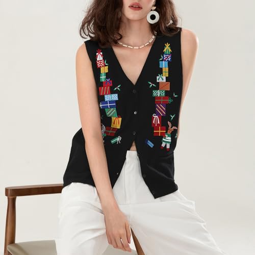 Kmbangi Women Christmas Button Sweater Vest Embroidery Sleeveless Cardigan | Santa Print, Knit V Neck Top, Xmas Clothes, Ugly Christmas Sweaters, Gingerbread Man, Holiday Cardigans, Waistcoat, Knitwear 6 Kmbangi Women Christmas Button Sweater Vest Embroidery Sleeveless Cardigan | Santa Print, Knit V Neck Top, Xmas Clothes, Ugly Christmas Sweaters, Gingerbread Man, Holiday Cardigans, Waistcoat, Knitwear - Image 6