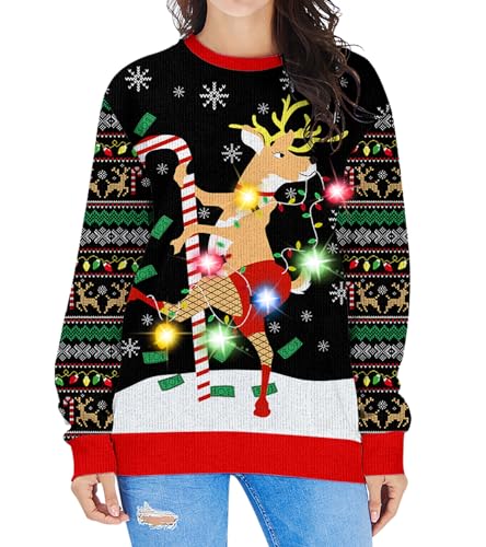 Fanient Women Led Light Up Ugly Christmas Sweater Reindeer Xmas Sweater