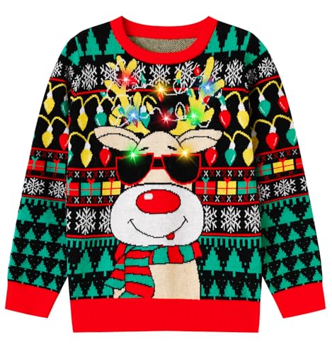 7-14Y Kids Ugly Christmas Sweater Boys Girls Led Light Up Christmas Sweaters Funny Xmas Knitted Pullover