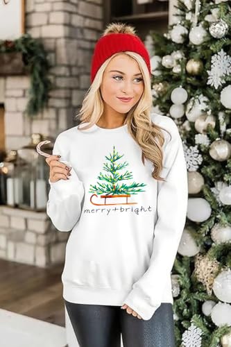 Christmas Tree Sweatshirt Women Cute Merry &Amp; Bright Holiday Pullover Top 2 Christmas Tree Sweatshirt Women Cute Merry &Amp; Bright Holiday Pullover Top - Image 2