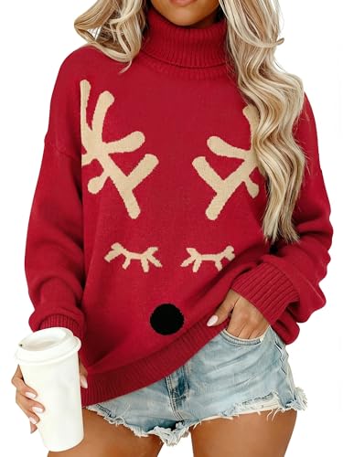 Ounar Christmas Sweaters For Women Ugly Christmas Turtleneck Sweater | Xmas Knit Long Sleeve,Reindeer Graphic Tops,Winter Holiday Pullover,2026 Fall Outfits,Novelty Sweatshirt,Chunky Warm Clothes 1 Ounar Christmas Sweaters For Women Ugly Christmas Turtleneck Sweater
