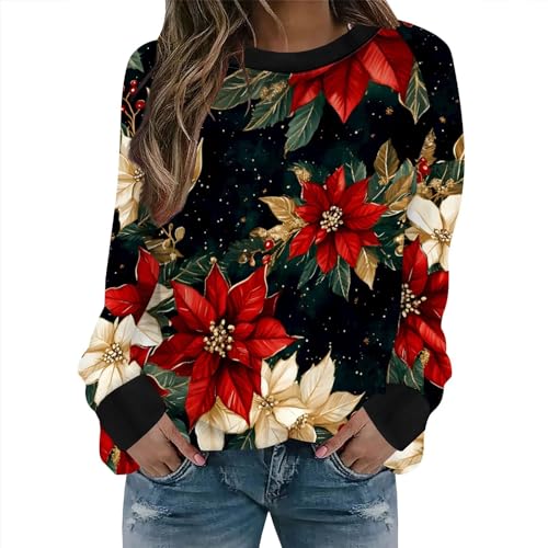 Neyaolk Womens Christmas Floral Sweatshirts Funny Graphic Crewneck Pullover Tops Casual Loose Long Sleeve Tops Xmas Shirts