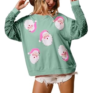 Nufiwi Women Christmas Sweatshirt Sequined Long Sleeve Glitter Santa Shirt Funny Merry Sweatshirts Xmas Holiday Pullover