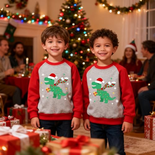 Kids Christmas Sweatshirt Boys Reindeer Toddler Xmas Pullover Tops | Size 2-10 T, Ugly Christmas Shirts, Baseball Snowman Printed, Raglan Sleeve, 100% Cotton, Dinosaur Monster Truck Active Shirt - Image 2