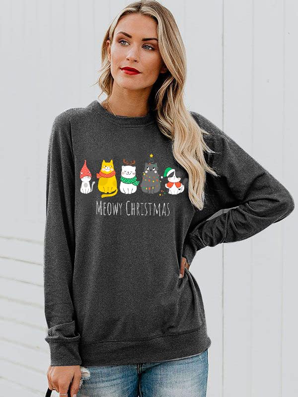 Christmas Sweatshirts For Women Cute Cat Shirts Ugly Christmas Shirt Funny Xmas Long Sleeve Holiday Pullover Tops - Image 2