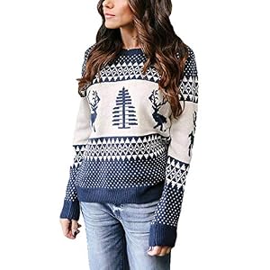 Exlura Patterns Reindeer Ugly Christmas Crew Neck Long Sleeve Sweater Jumper Pullover Knitted Printed Tops