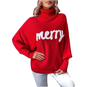 Christmas Sweaters For Women Oversized Turtleneck Batwing Sleeve Pullover