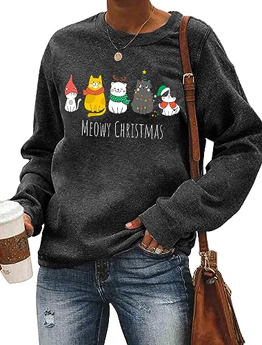 Christmas Sweatshirts For Women Cute Cat Shirts Ugly Christmas Shirt Funny Xmas Long Sleeve Holiday Pullover Tops