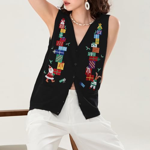 Kmbangi Women Christmas Button Sweater Vest Embroidery Sleeveless Cardigan | Santa Print, Knit V Neck Top, Xmas Clothes, Ugly Christmas Sweaters, Gingerbread Man, Holiday Cardigans, Waistcoat, Knitwear 4 Kmbangi Women Christmas Button Sweater Vest Embroidery Sleeveless Cardigan | Santa Print, Knit V Neck Top, Xmas Clothes, Ugly Christmas Sweaters, Gingerbread Man, Holiday Cardigans, Waistcoat, Knitwear - Image 4