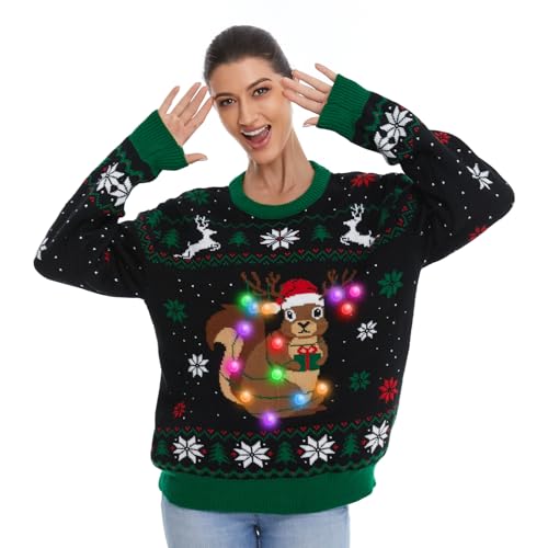 Hsctek Light Up Adults Christmas Knitted Sweater, Ugly Xmas Pullovers Women
