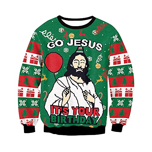 Unisex Ugly Christmas Sweatshirts 3D Printed Funny Graphic Long Sleeve T-Shirt Crewneck Sweatshirts Jesus Greenl