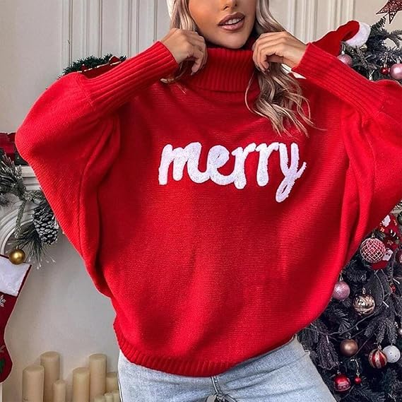 Christmas Sweaters For Women Oversized Turtleneck Batwing Sleeve Pullover