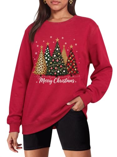 Ounar Christmas Sweatshirts For Women Xmas Tree Graphic Long Sleeve Tops - Image 6
