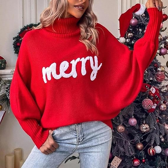 Christmas Sweaters For Women Oversized Turtleneck Batwing Sleeve Pullover