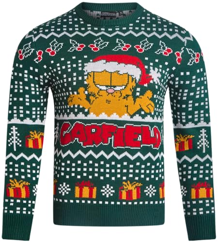 Nickelodeon Garfield Mens Ugly Christmas Sweater Long Sleeve Sweatshirt | Vibrant Garfield Graphics, Festive Holiday Soft Ugly Sweater, Ribbed Crewneck Cuffs &Amp; Hem