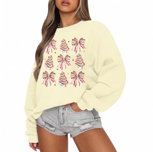Christmas Sweatshirts For Women: Christmas Tree Cake Bow Crewneck Pullover