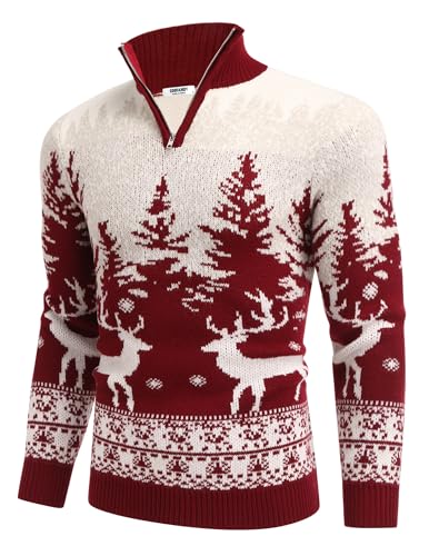 Coofandy Men'S Quarter Zip Pullover Sweater Casual Zip Up Polo Sweater Knit | 1/4 Zip, Ribbed Cuff, Mock Neck, Xmas Snowflake Reindeer Pattern, Classic Fit, Fall Winter Fashion, Christmas New Year Outfit