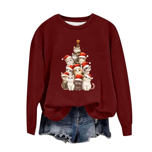 Christmas Cat Sweatshirt For Women Crewneck Christmas Long Sleeve Shirt Cat Lover Tops Xmas Holiday Ugly Sweaters