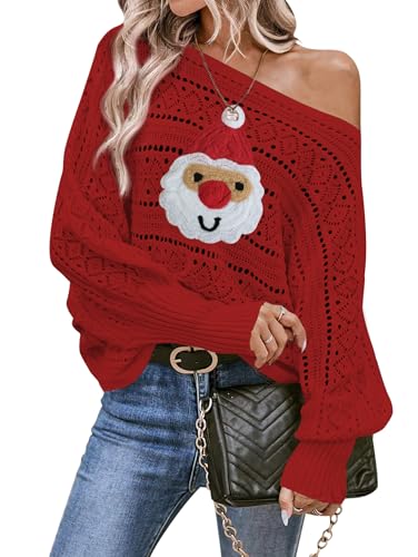 Cakulo Womens Off Shoulder Ugly Christmas Sweater Top Fall Outfits Fashion 2026 Oversized Knit Long Sleeve Crochet Sweaters