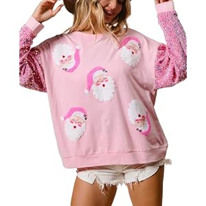 Faretumiya Women Sparkle Sequin Christmas Sweatshirt Santa Graphic Crewneck Sweater Long Sleeve Xmas Pullover Tops