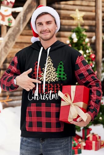 Arvilhill Men Ugly Christmas Hoodies Vintage Xmas Plaid Sweatshirt With Kangaroo Pocket (S-3Xl)