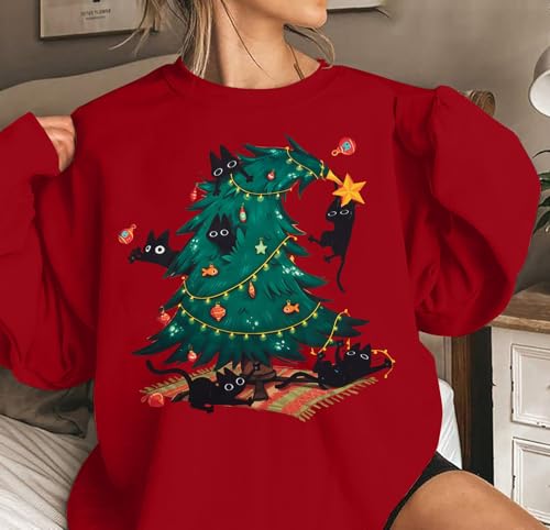 Maximgr Christmas Sweatshirts For Women Christmas Cat Sweater Xmas Long Sleeve Shirts Holiday Crewneck Pullover Tops - Image 3