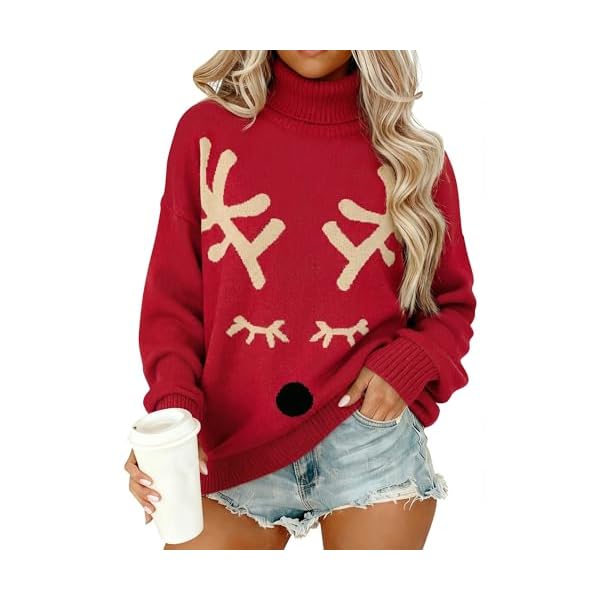 Ounar Chunky Knit Reindeer Turtleneck Christmas Jumper