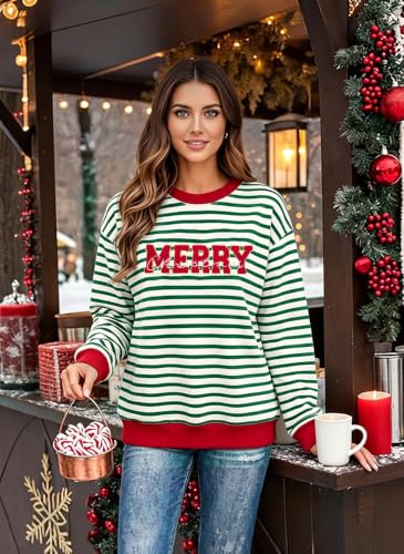 Christmas Sweatshirts For Women Jolly Glitter Patch Striped Sweater - Image 4