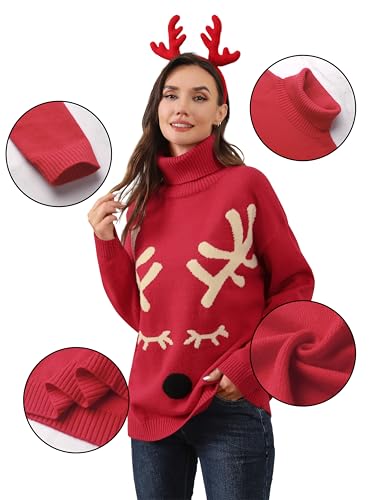 Ounar Christmas Sweaters For Women Ugly Christmas Turtleneck Sweater | Xmas Knit Long Sleeve,Reindeer Graphic Tops,Winter Holiday Pullover,2026 Fall Outfits,Novelty Sweatshirt,Chunky Warm Clothes 6 Ounar Christmas Sweaters For Women Ugly Christmas Turtleneck Sweater