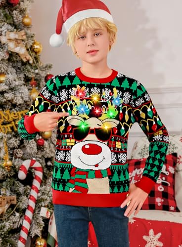 7-14Y Kids Ugly Christmas Sweater Boys Girls Led Light Up Christmas Sweaters Funny Xmas Knitted Pullover - Image 3
