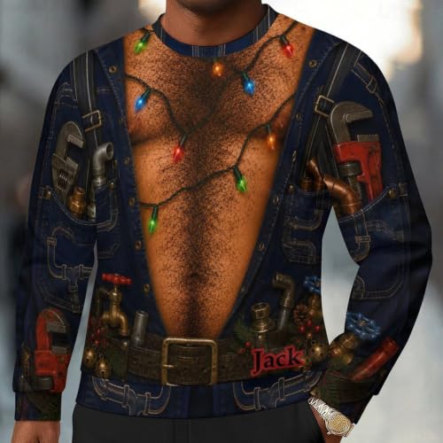 Personalized Ugly Christmas Sweatshirt Men Fake Chest Hair - Image 2