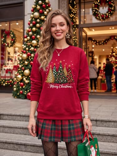 Ounar Christmas Sweatshirts For Women Xmas Tree Graphic Long Sleeve Tops - Image 3