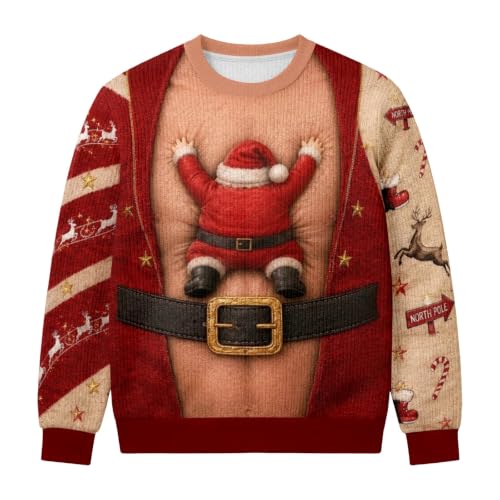 Funny Ugly Sweatshirt Santa Christmas 3D Hairy Chest Long Sleeve Party Top Lightweight Novelty Holiday